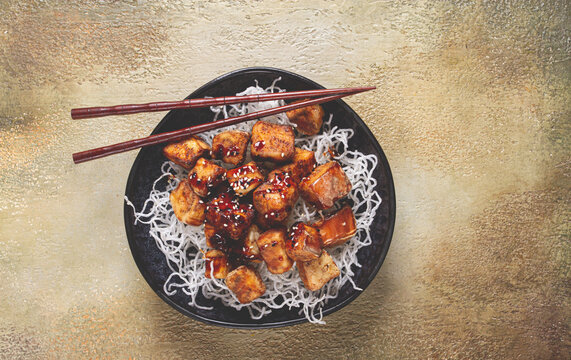 fried eggplant, with funchosa noodles, with teriyaki sauce and sesame seeds, homemade, no people