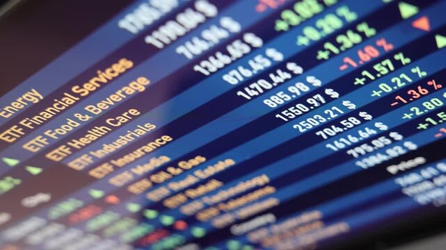 Close-up screen with ETF exchange trading funds information, prices and stock market data. Wealth, investment strategy, making money, growth.