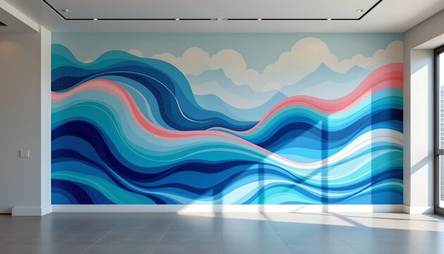 The image features a modern, minimalist interior with a large, vibrant mural on one wall