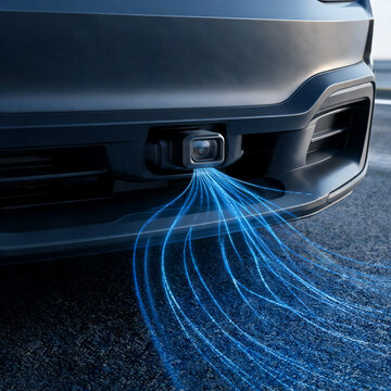 Computer screen displaying a colorful point cloud scan of a vehicle exterior, automotive LiDAR scanning concept