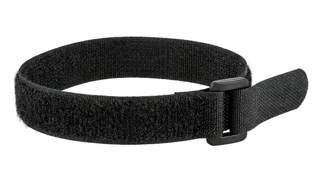 Black adjustable hook and loop cable strap with fastener buckle