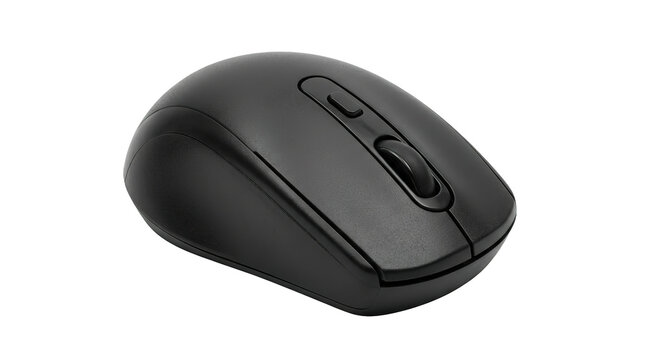 Black wireless computer mouse on white background with scroll wheel and buttons