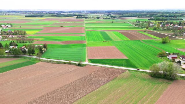 Village houses with red roofs line a country road at the edge of plowed brown fields and bright green crop plots stretching to the horizon, aerial view of rural settlement, concept of village life an