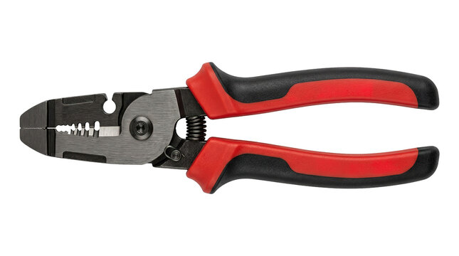 Red and black wire cutter with stripper and crimping tool on white background