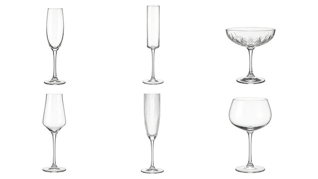 Six elegant clear stemware glasses including flutes, coupes and goblet-style wine glasses arranged on transparent background