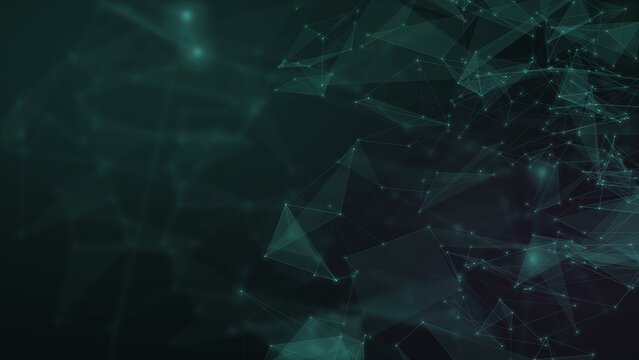A dense teal arrangement of glowing connections and layered geometric facets emerges from darkness, delivering a sophisticated futuristic background for business and technology.