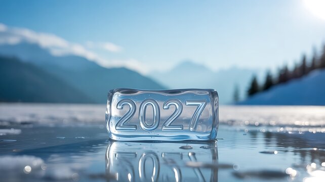 2027 new year number decoration reflected on a frozen mountain lake