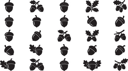 Set of black silhouette acorn icons on a white background for graphic design projects © Sumon90cs