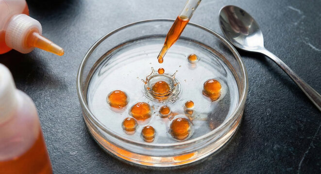 Molecular Gastronomy Spherification Dropping Liquid Pearls in Petri Dish