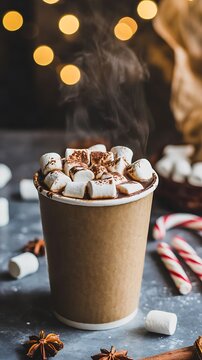 Hot chocolate with marshmallows and candy cane in cozy christmas setting