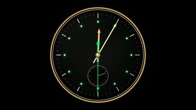 Elegant gold and black wall clock showing time with glowing green hour markers and hands on a dark background