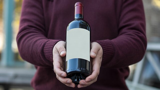 Person holding blank wine bottle with label in a modern setting