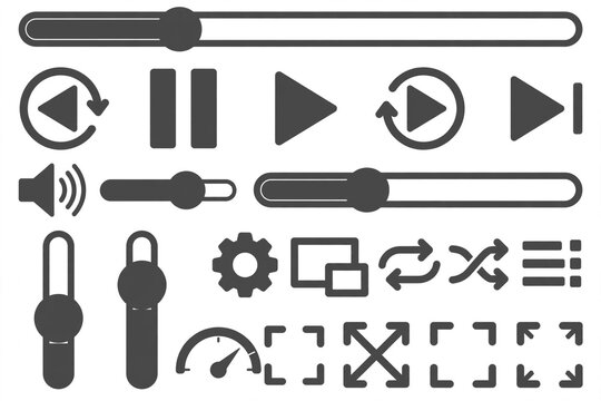 Set of flat video player interface icons and media control buttons