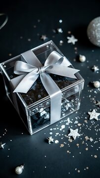 Silver gift box with ribbon surrounded by snowflakes and sparkling stars