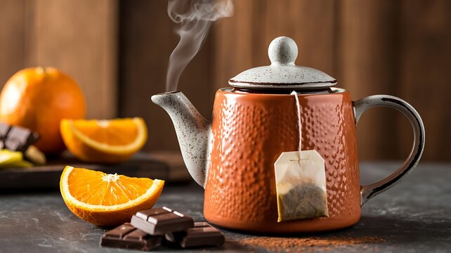 Copper teapot with hot tea orange slices and chocolate on rustic table