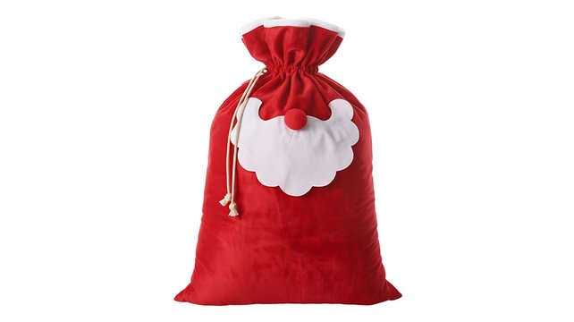 Red christmas gift sack with white decorative trim isolated on white background