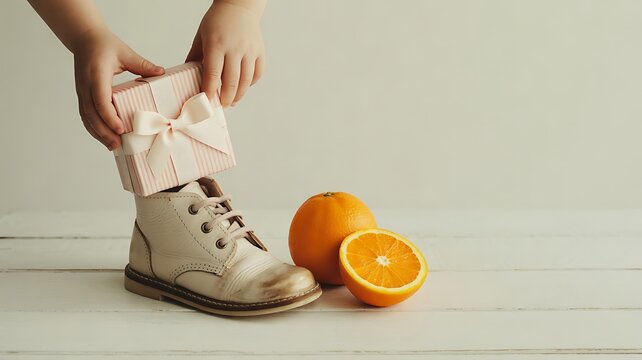 Person giving a wrapped gift with orange slice and winter boots