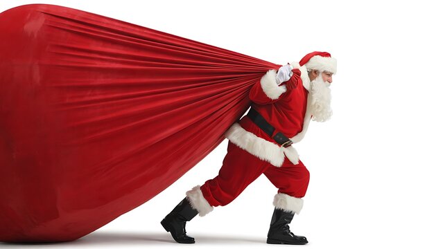 Santa claus carrying a large red gift sack isolated on white background