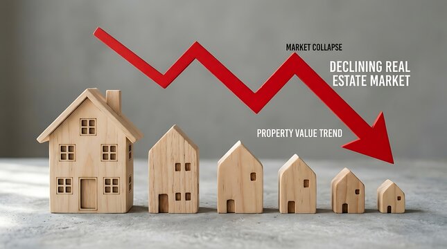 A red arrow showing a declining real estate market with small wooden house models representing dropping property values