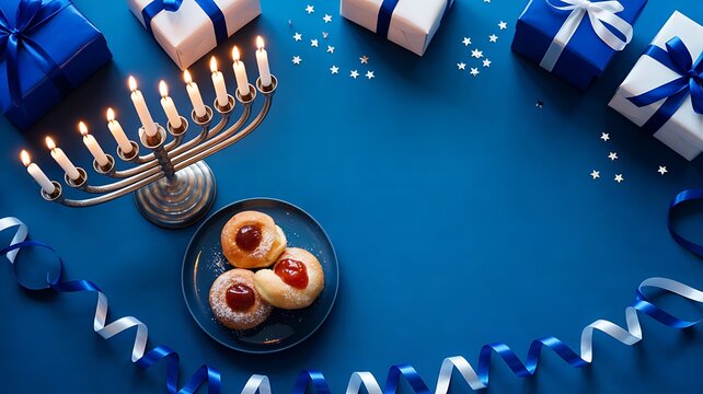 Blue christmas celebration with candles cookies gift boxes and festive decorations