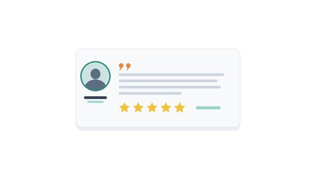 Graphic illustration of a customer review or testimonial card with a profile icon, text, and five-star rating.