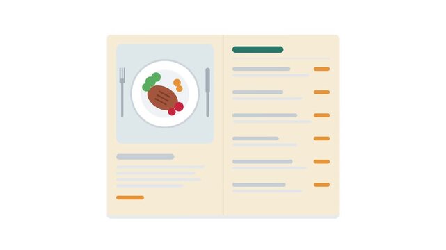 A stylized illustration of a restaurant menu or recipe card featuring a main course dish.