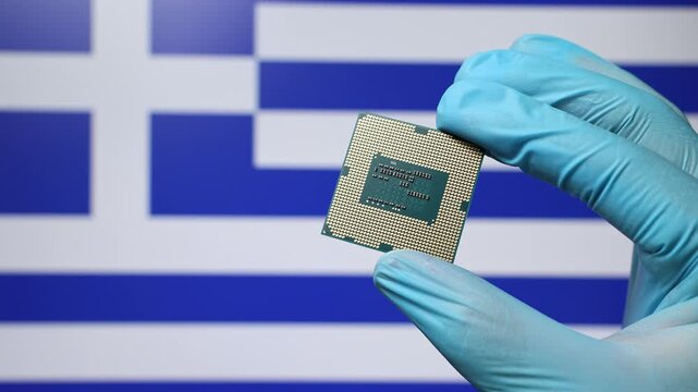 Close up view of hand in blue glove holding CPU microchip. Greek flag in blurred background. Concept of semiconductor shortage and artificial intelligence development in Greece.