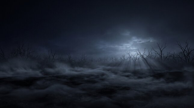 Mysterious and atmospheric night landscape featuring an ancient, gnarled tree silhouetted against a dramatic moonlit sky, with dense, swirling fog blanketing the desolate ground
