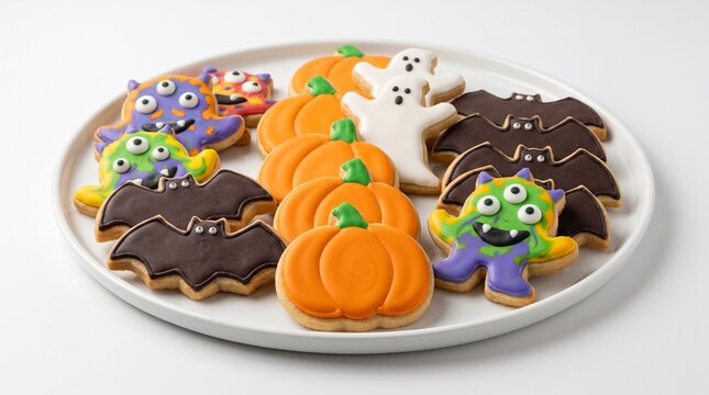 Assorted Halloween sugar cookies decorated as pumpkins ghosts bats and colorful monsters on a white plate against a clean white background