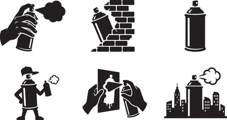 Black silhouette of spray paint cans, graffiti artists, and urban cityscape mural de © RobiulIslam