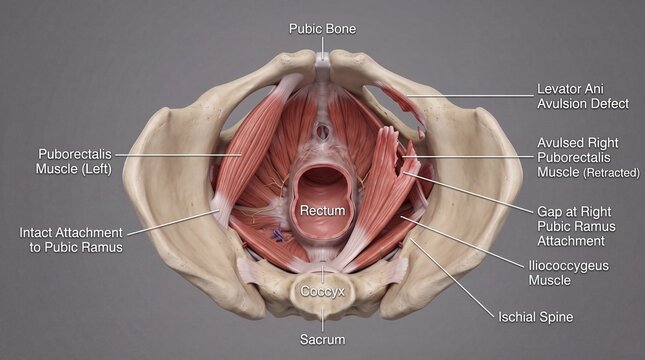 Levator ani avulsion and puborectalis muscle defect