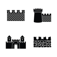 Collection of castle wall and tower icons in black silhouette. © zuni