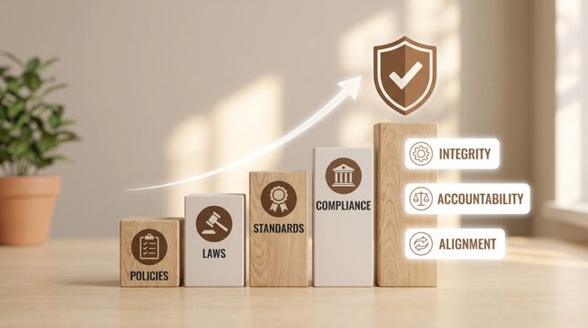 Wooden blocks showcasing corporate compliance, business ethics, integrity, accountability, and regulatory policies with growth arrows pointing upward