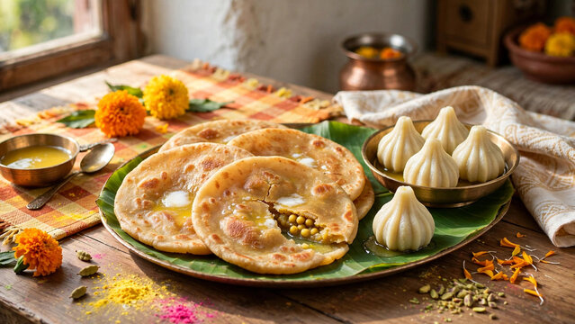 Indian Holi Puran Poli Modak Ukadiche sweet thali gulal festive