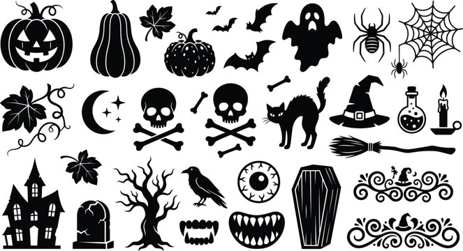 A spooky halloween collection featuring jack o' lanterns creepy creatures haunted houses and mystical elements for a thrilling october 31st celebration