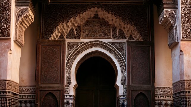 An intricately carved Moroccan doorway with geometric patterns and arched design  showcasing traditional craftsmanship and cultural ry