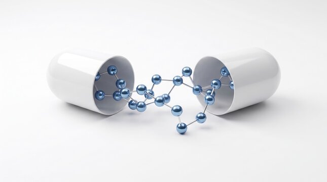 Glossy white open pill capsule containing intricate blue metallic molecular structures inside bright medical studio environment
