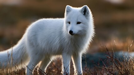 Fototapeta premium A white fox stands alert in a sunlit field of dry grass and shrubs its fur glowing softly under warm ambient light
