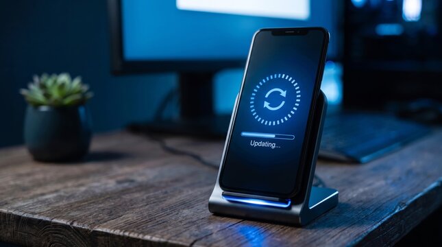 Modern smartphone resting on wireless charging stand displays system software update progress bar on dark screen