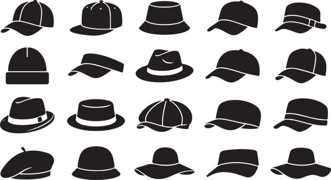 Set of twenty black silhouette hat including baseball caps, fedoras, and beanies on white back des