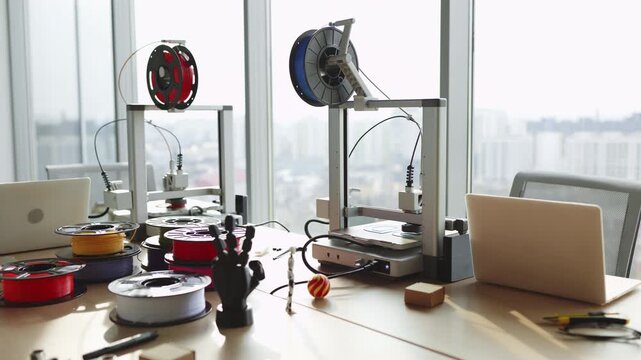 Multiple 3D printers and spools of filament are arranged on a desk in front of a large window with a city view