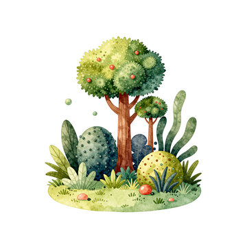 Whimsical watercolor painting of a fantasy forest with colorful trees and plants
