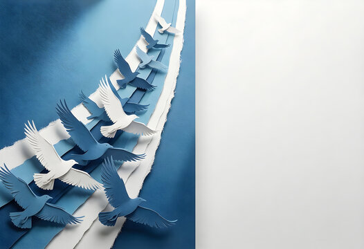 Paper cut birds flying in blue and white waves