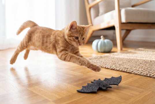 Playful ginger kitten leaping in mid-air to catch a bat toy on wooden floor