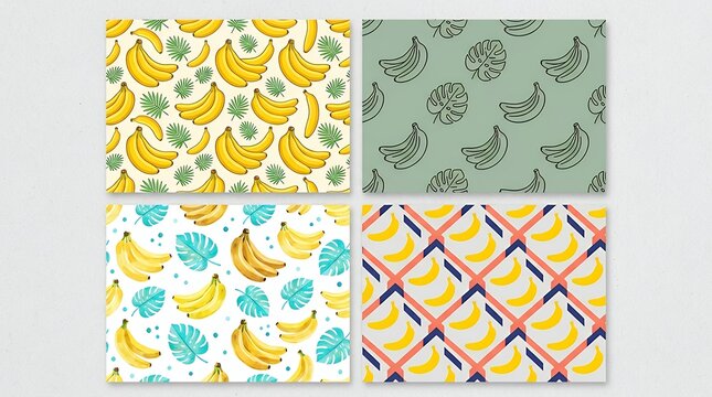 Banana Motif Repetitive Design Set. Assortment of banana s. Banana pattern background collection. Various banana depictions.  tropical fruit yellow color curved shape peel texture ripe banana