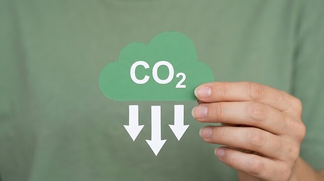 Person holding a green paper cloud shape with CO2 symbol and downward arrows representing carbon emission reduction