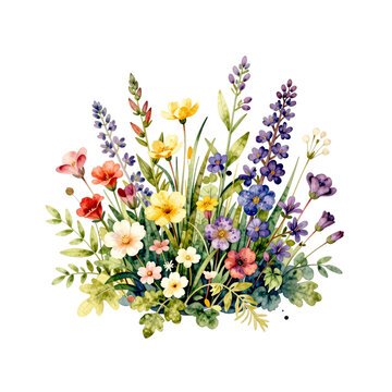 Watercolor painting of a vibrant bouquet of wild flowers and green leaves