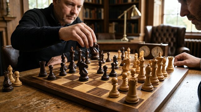 Intricately carved wooden chess pieces meticulously positioned on a checkered battlefield during a tense tactical confrontation  chess strategy board game wooden pieces king queen rook
