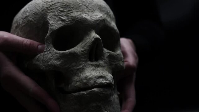 Human hands hold an artificial textured skull in the dark. A person holds a realistic decorative skull in the semi-darkness, creating a mystical atmosphere for Halloween. Gloomy decor
