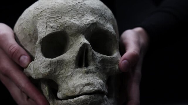 Gloomy decor in the form of a skull for Halloween, the skull is held in hands. The concept of horror, mysticism and Halloween celebration. Element of horror decorations and mystical atmosphere. Horror
